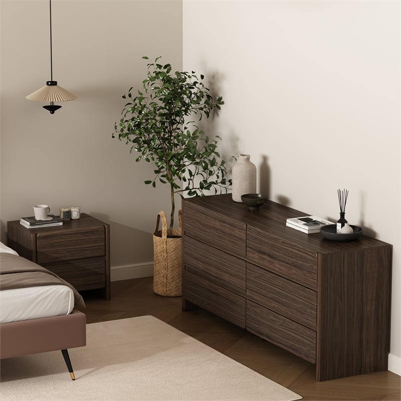 Linda Modern 2-Piece Double Wide Dresser and Nightstand in Walnut Brown