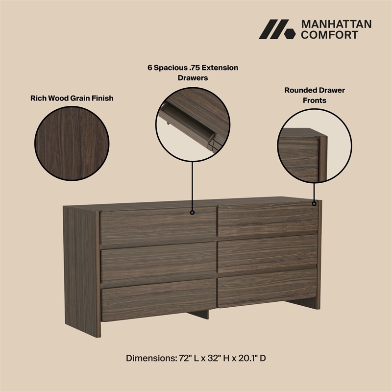 Linda Modern 2-Piece Double Wide Dresser and Nightstand in Walnut Brown