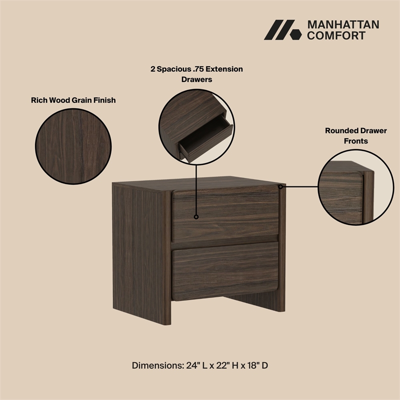 Linda Modern 2-Piece Double Wide Dresser and Nightstand in Walnut Brown