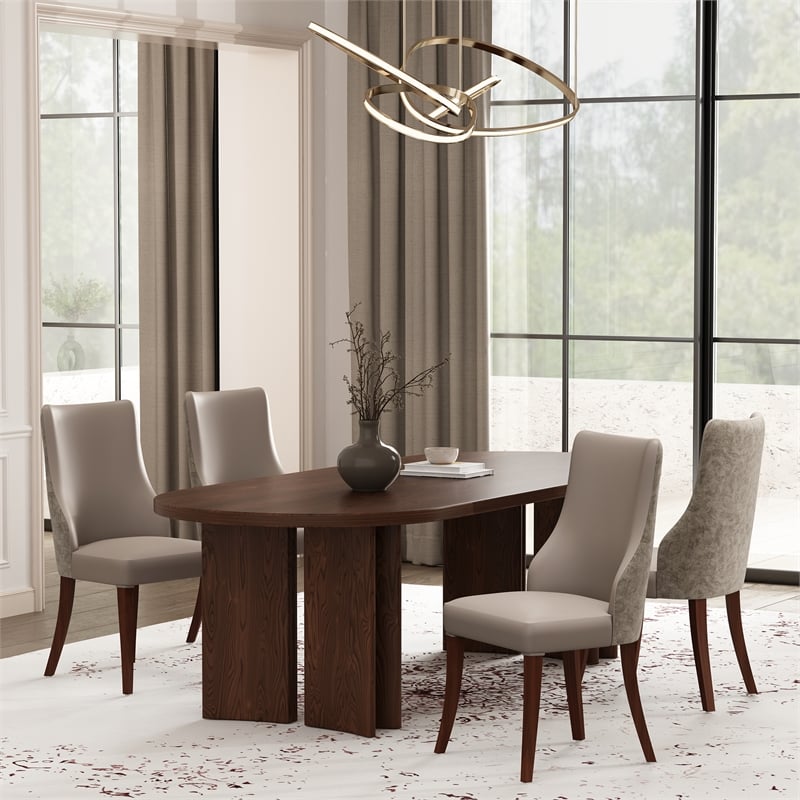 Connie Modern Wood Vegan Leather and Velvet Dining Chair in Taupe - Set of 4