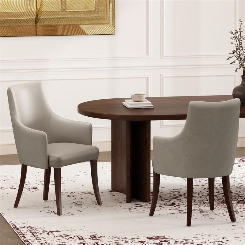Connie Modern Wood Vegan Leather and Velvet Armchair in Light Gray - Set of 2