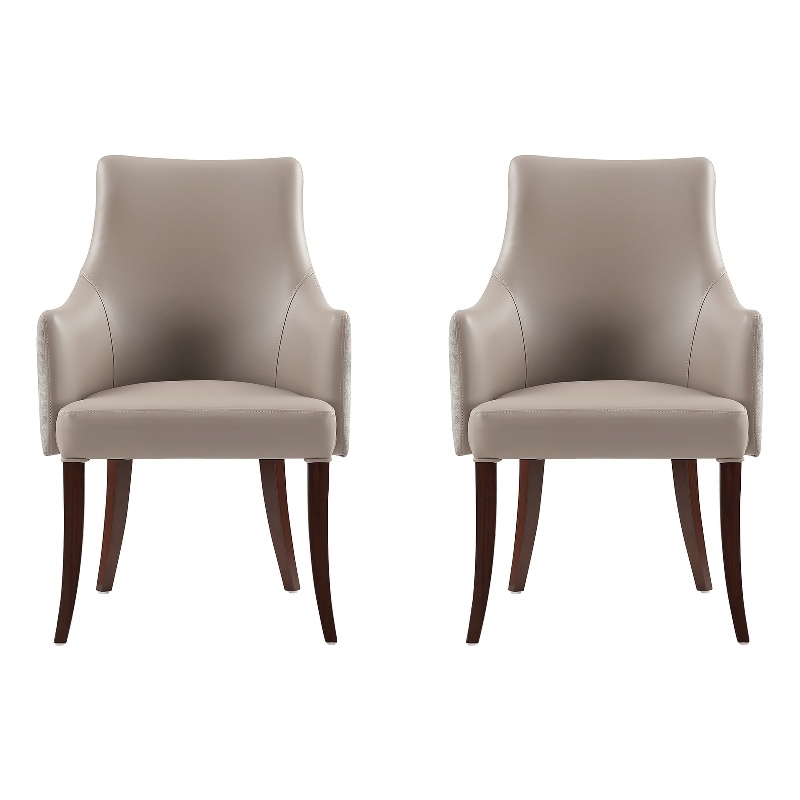 Connie Modern Wood Vegan Leather and Velvet Armchair in Taupe - Set of 2