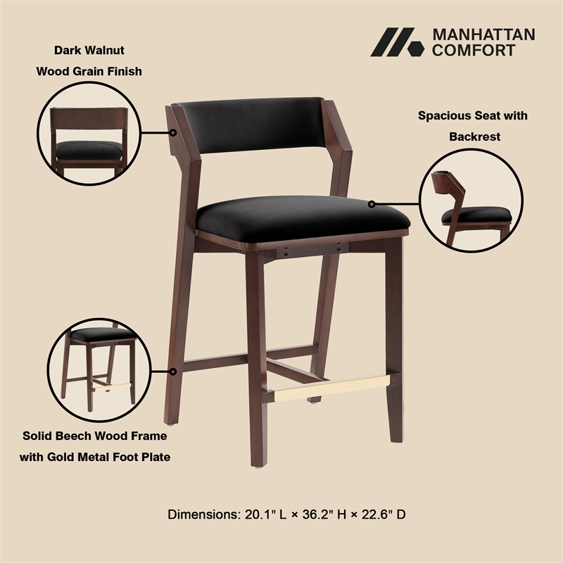 Patricia Modern Wood Upholstered Counter Stool in Black