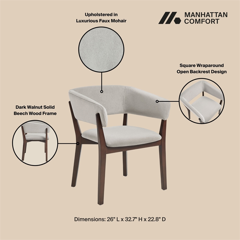 Blake Modern Wood Faux Mohair Armchair in Greige - Set of 2