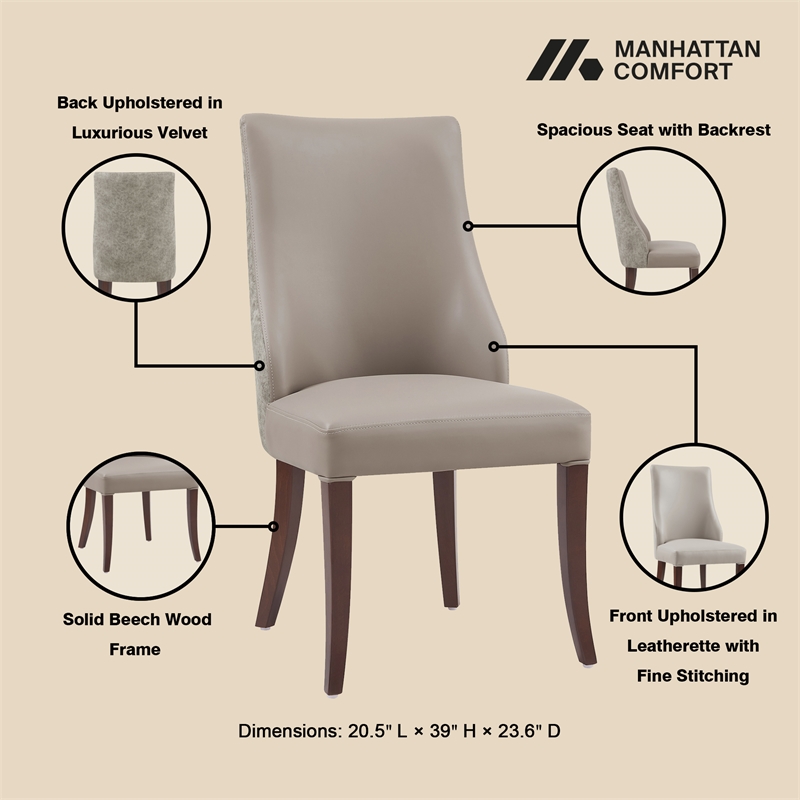 Connie Modern Wood Vegan Leather and Velvet Dining Chair in Taupe - Set of 2