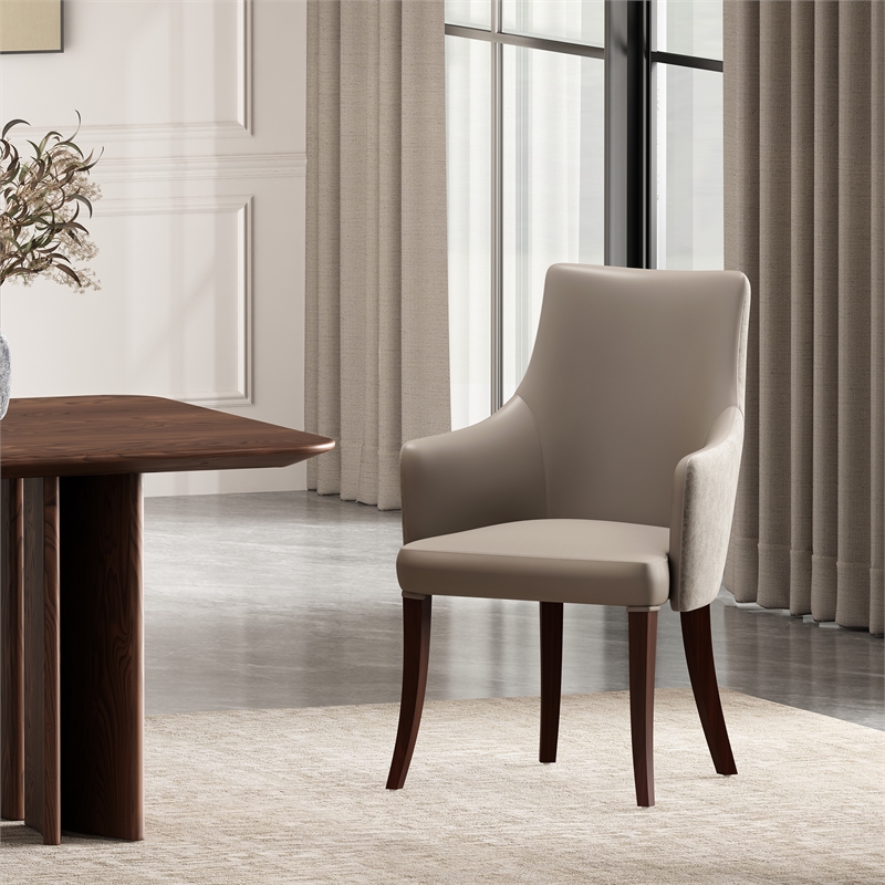 Connie Modern Wood Vegan Leather and Velvet Armchair in Taupe