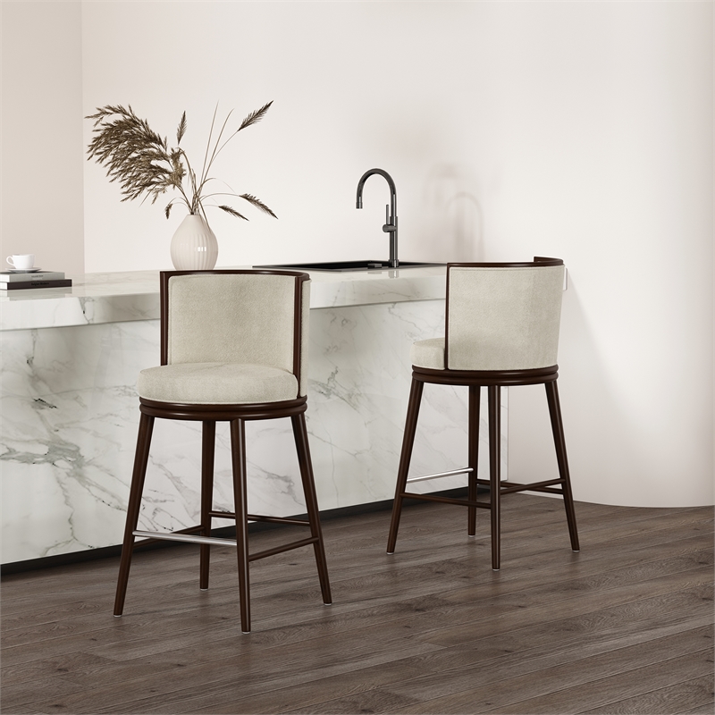 Evalyn Modern Wood Upholstered Barstool in Cream - Set of 2