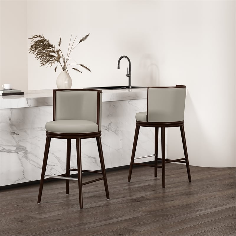 Evalyn Modern Wood Upholstered Barstool in Stone - Set of 2
