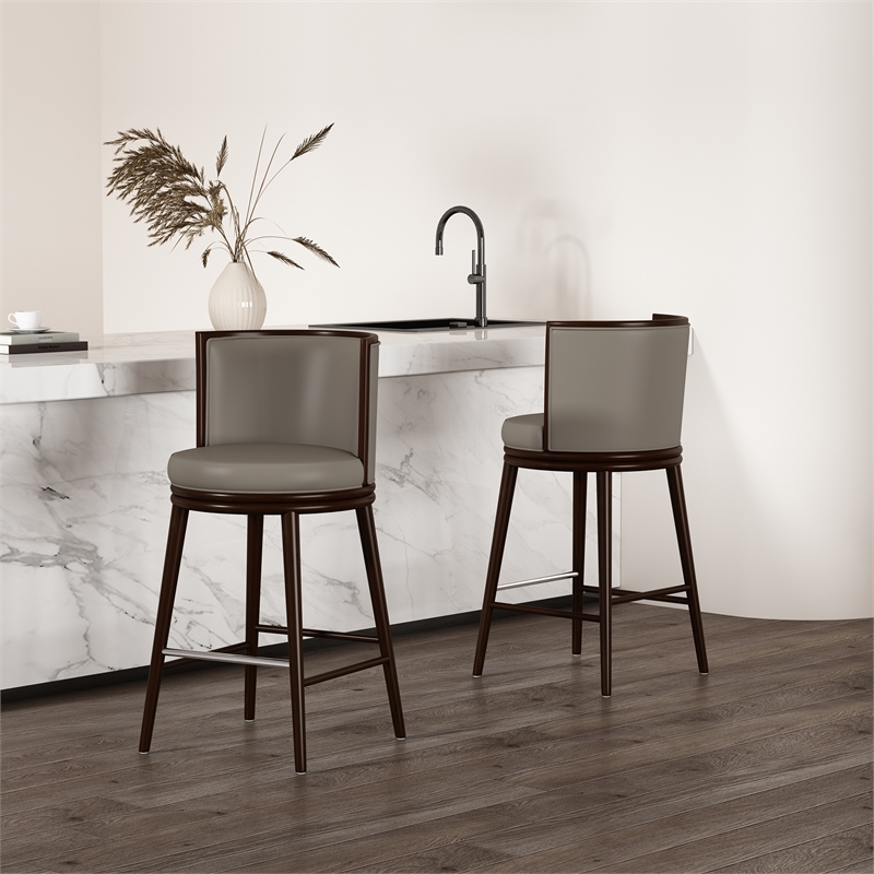 Evalyn Modern Wood Upholstered Barstool in Taupe - Set of 2