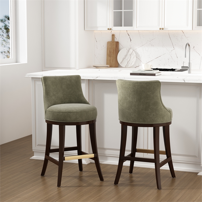 Lucia Modern Wood Upholstered Chenille Barstool in Leaf Green - Set of 2