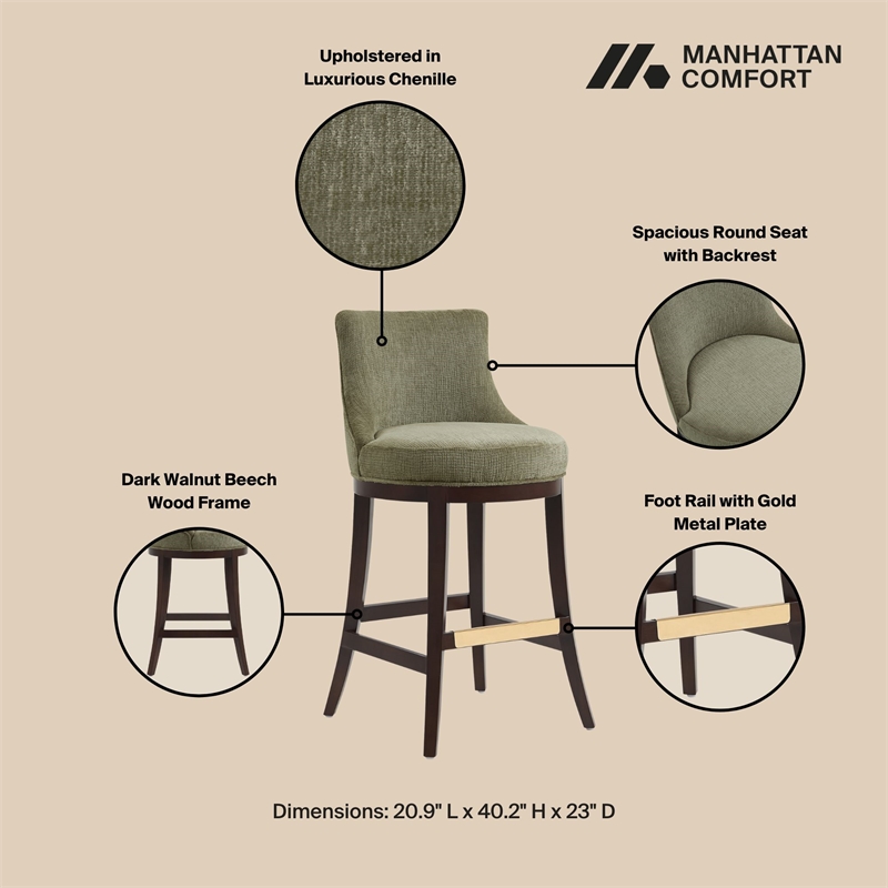 Lucia Modern Wood Upholstered Chenille Barstool in Leaf Green - Set of 2