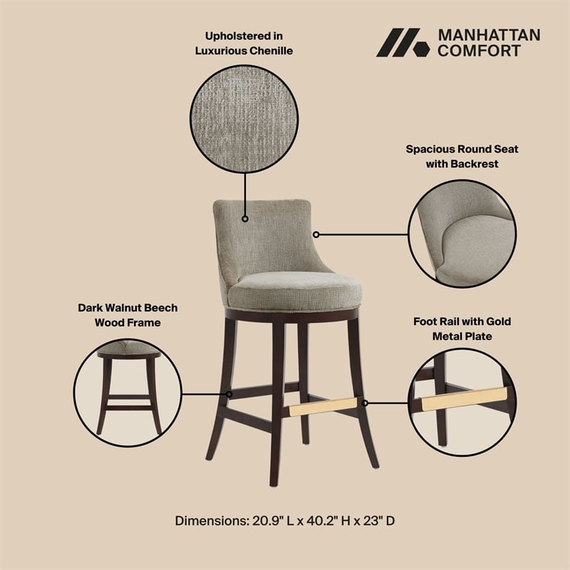 Lucia Modern Wood Upholstered Chenille Barstool in Taupe - Set of 2