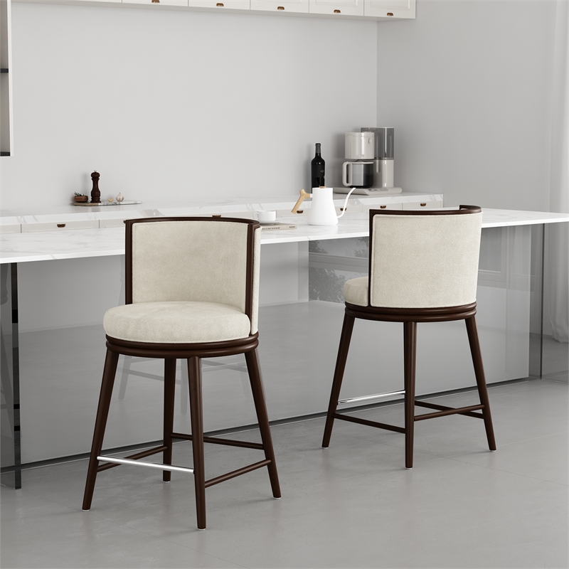 Evalyn Modern Wood Upholstered Counter Stool in Cream - Set of 2