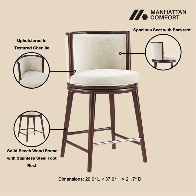 Evalyn Modern Wood Upholstered Counter Stool in Cream - Set of 2
