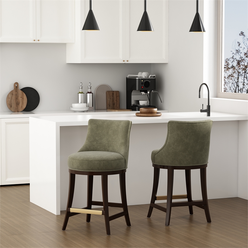 Lucia Modern Wood Chenille Counter Stool in Leaf Green - Set of 2