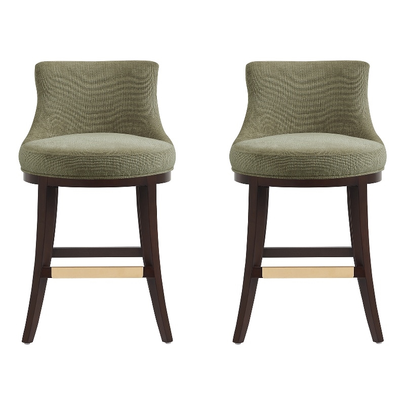 Lucia Modern Wood Chenille Counter Stool in Leaf Green - Set of 2