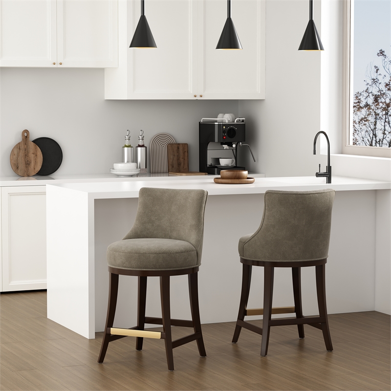 Lucia Modern Wood Chenille Counter Stool in Taupe - Set of 2