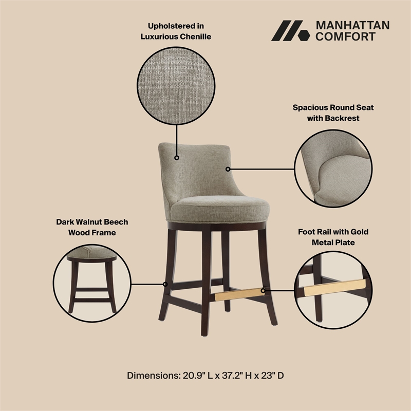 Lucia Modern Wood Chenille Counter Stool in Taupe - Set of 2