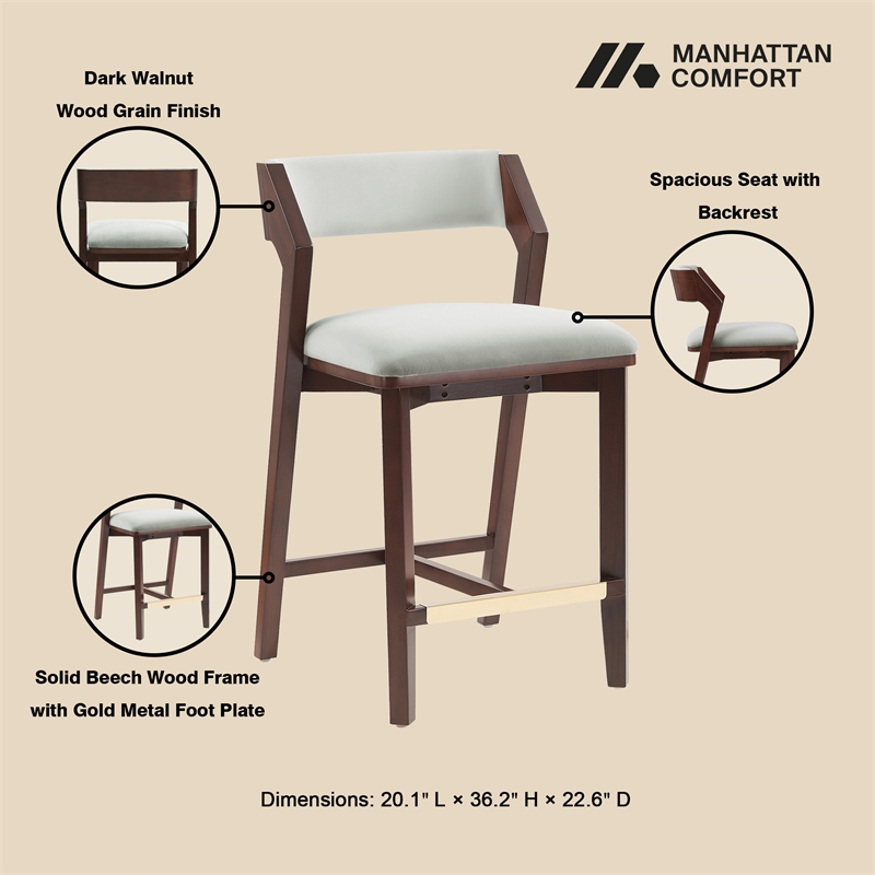 Patricia Modern Wood Upholstered Counter Stool in White Glacier - Set of 2