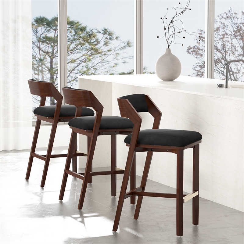 Patricia Modern Wood Upholstered Barstool in Black - Set of 3