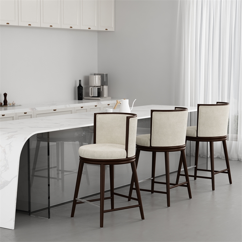 Evalyn Modern Wood Upholstered Counter Stool in Cream - Set of 3