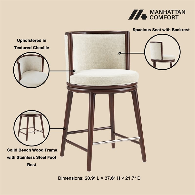Evalyn Modern Wood Upholstered Counter Stool in Cream - Set of 3