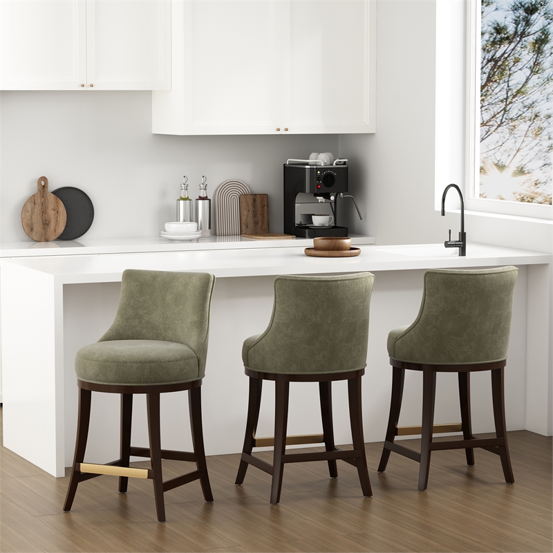 Lucia Modern Wood Chenille Counter Stool in Leaf Green - Set of 3