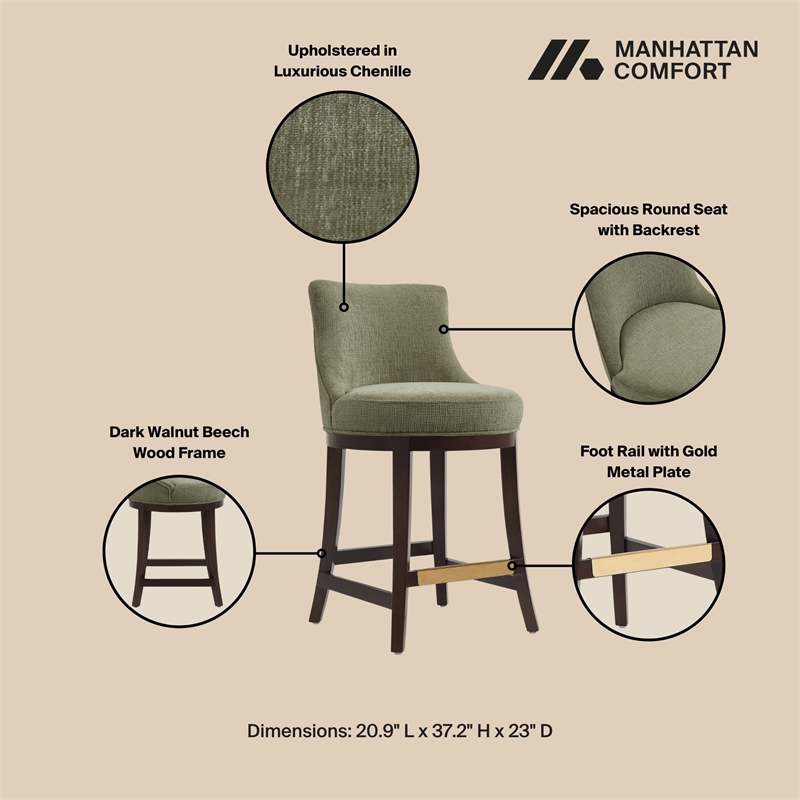 Lucia Modern Wood Chenille Counter Stool in Leaf Green - Set of 3