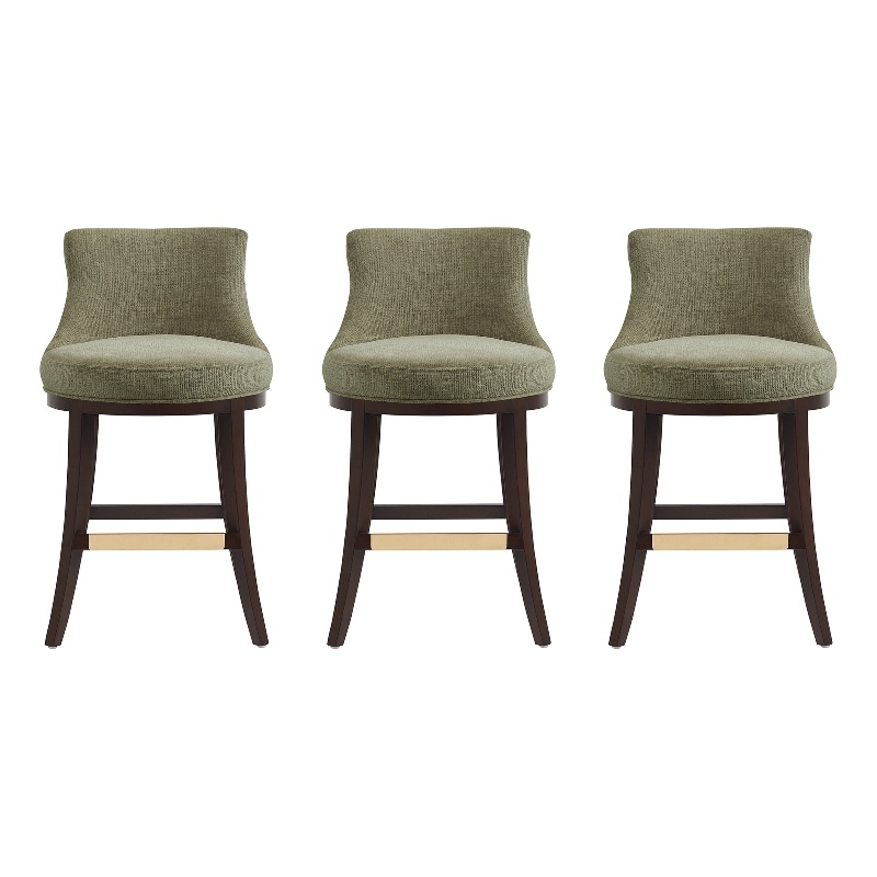 Lucia Modern Wood Chenille Counter Stool in Leaf Green - Set of 3