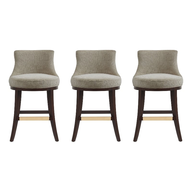 Lucia Modern Wood Chenille Counter Stool in Taupe - Set of 3