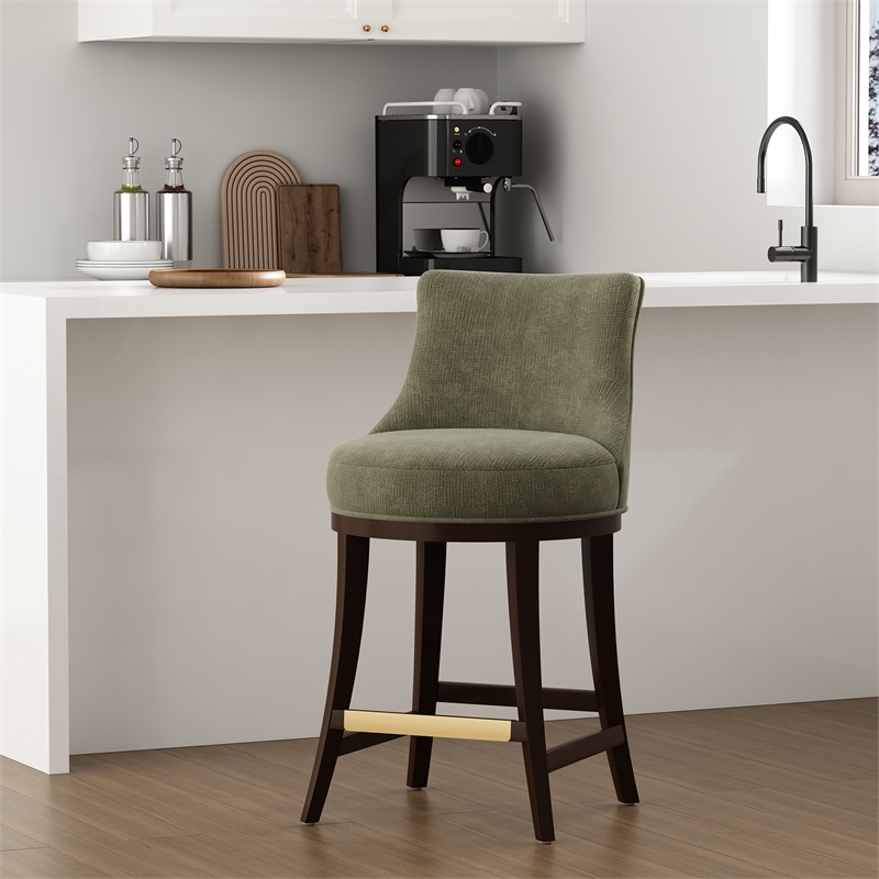 Lucia Modern Wood Chenille Counter Stool in Leaf Green