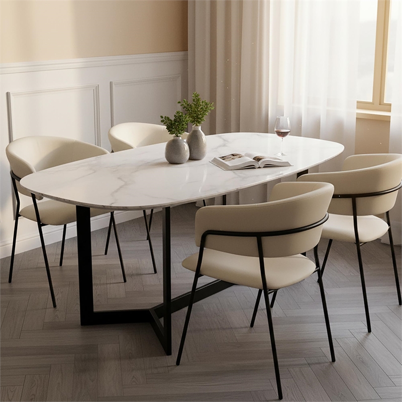 Slate Contemporary Modern Vegan Leather Metal Armchair in Ivory - Set of 2