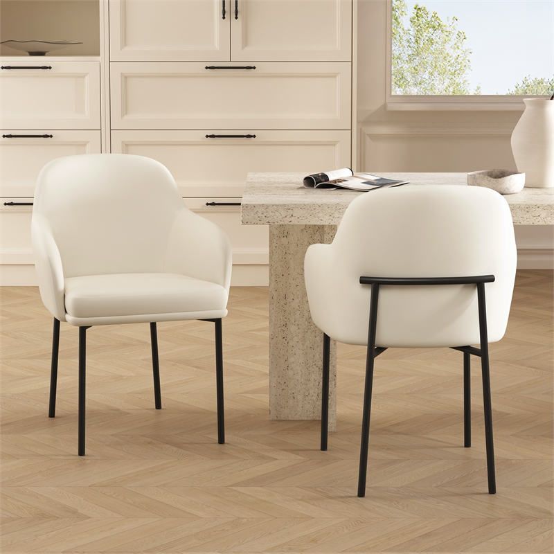 Loft Contemporary Vegan Leather Metal Armchair in Ivory - Set of 2