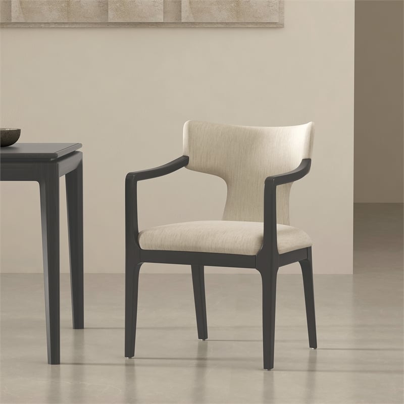 Eloria Mid-Century Modern Chenille Solid Wood Armchair in Cream