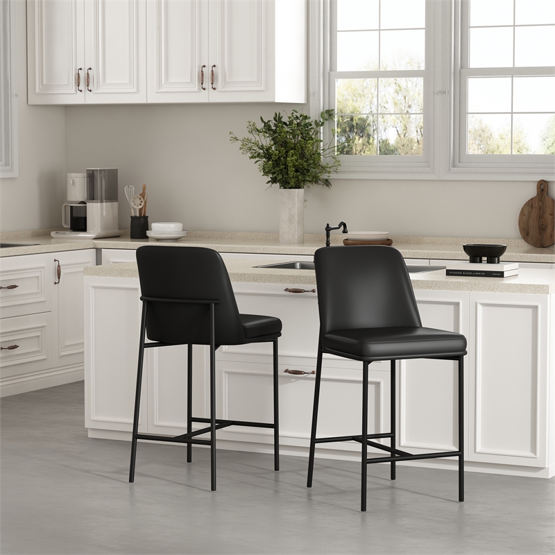 Loft Contemporary Vegan Leather Metal Counter Stool in Black - Set of 2