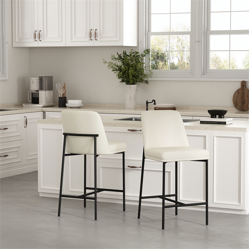 Loft Contemporary Vegan Leather Metal Counter Stool in Ivory - Set of 2