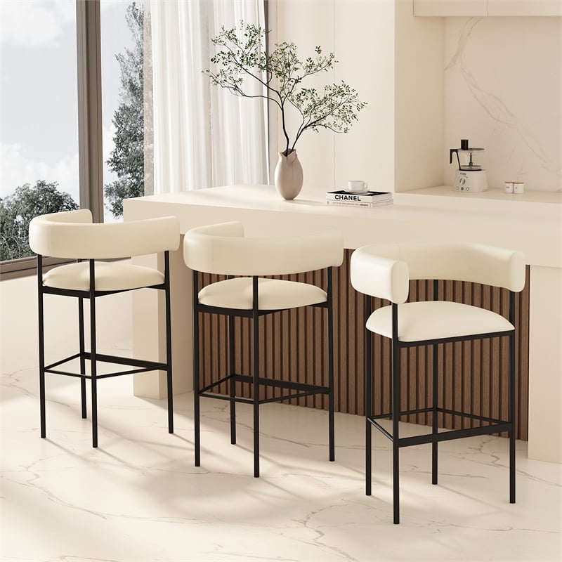Onda Contemporary Vegan Leather Metal Upholstered Barstool in Ivory