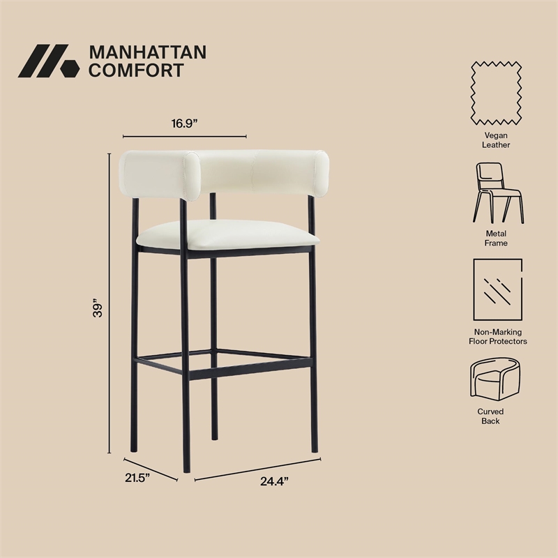 Onda Contemporary Vegan Leather Metal Upholstered Barstool in Ivory