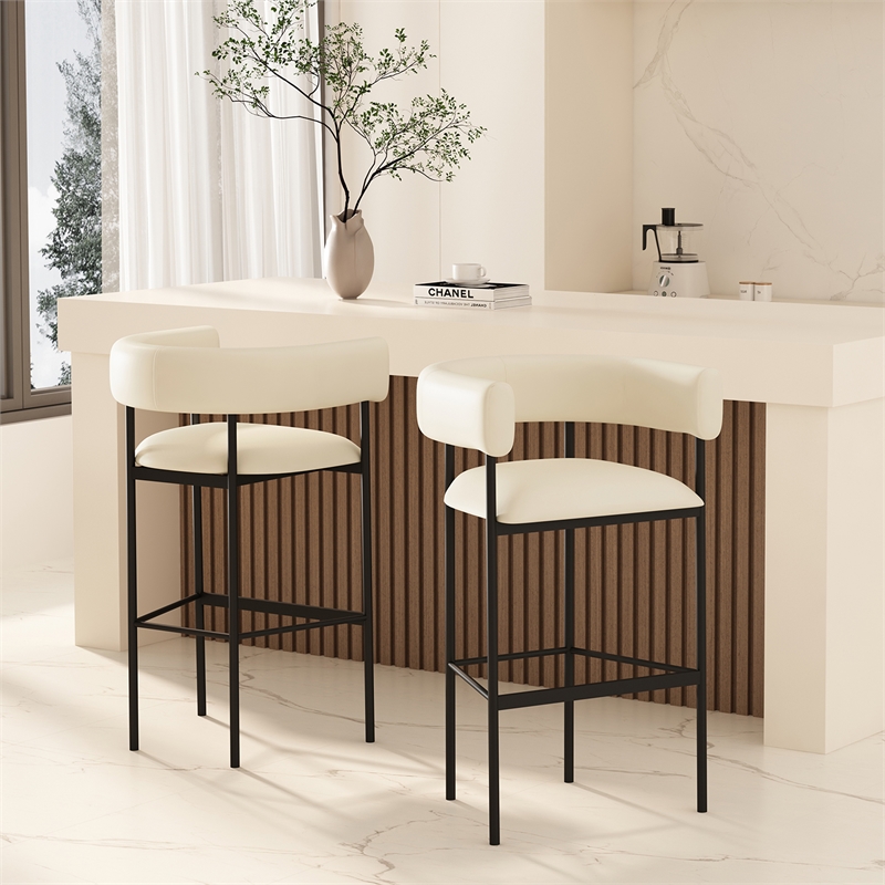 Onda Contemporary Vegan Leather Metal Upholstered Barstool in Ivory