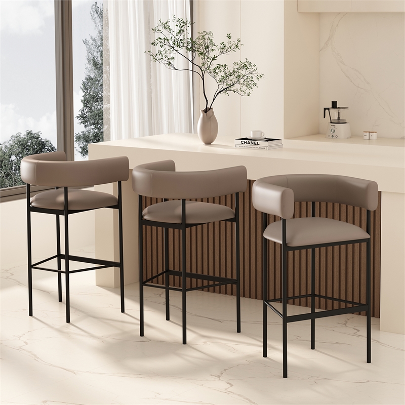 Onda Contemporary Vegan Leather Metal Upholstered Barstool in Taupe