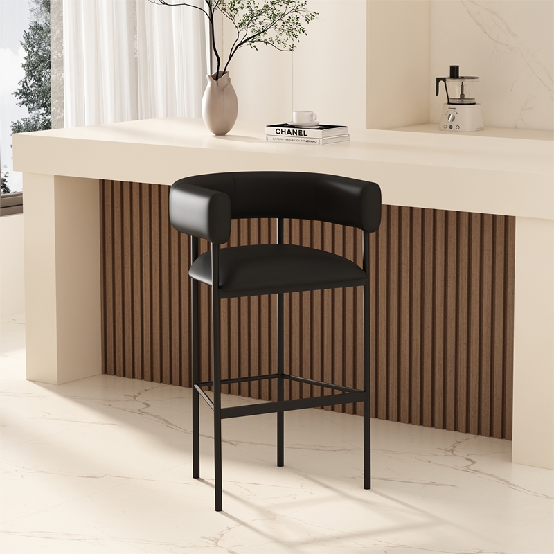 Onda Contemporary Vegan Leather Metal Upholstered Barstool in Black