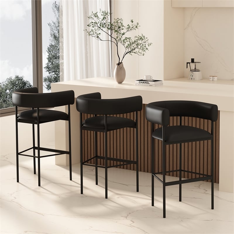 Onda Contemporary Vegan Leather Metal Upholstered Barstool in Black