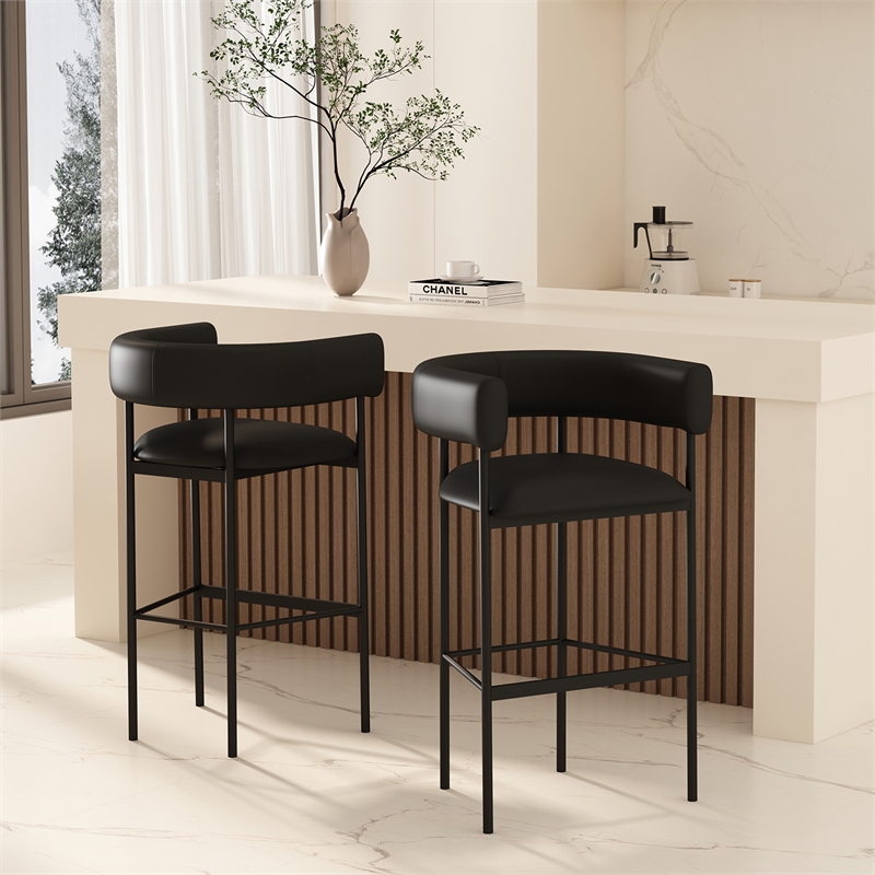Onda Contemporary Vegan Leather Metal Upholstered Barstool in Black