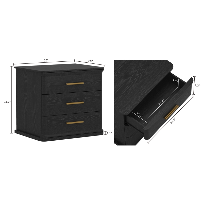 Clifford Traditional Nightstand in Black (3-Drawer)