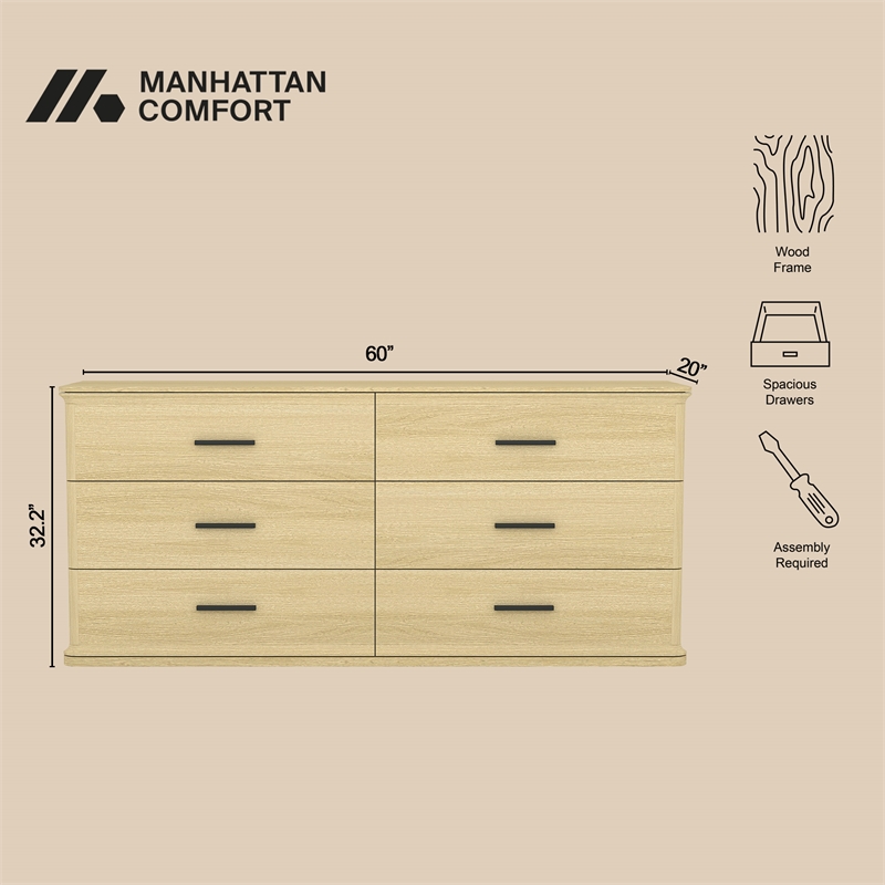 Clifford Traditional Dresser in Natural Oak (6-Drawer)