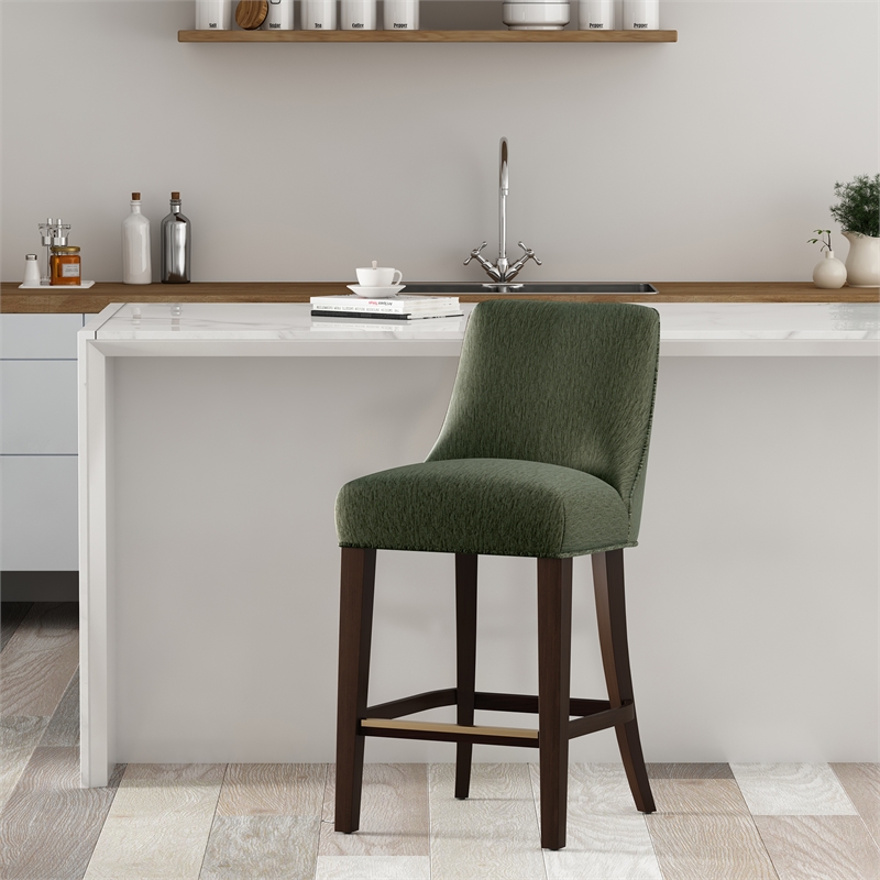 Beever Modern Chenille Wood Counter Stool in Forest Green