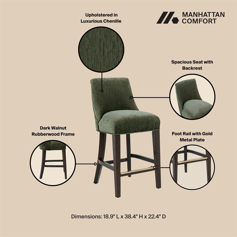 Beever Modern Chenille Wood Counter Stool in Forest Green