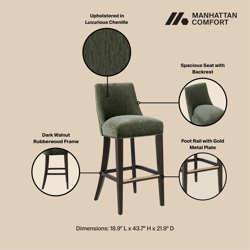 Beever Modern Chenille Wood Upholstered Barstool in Forest Green