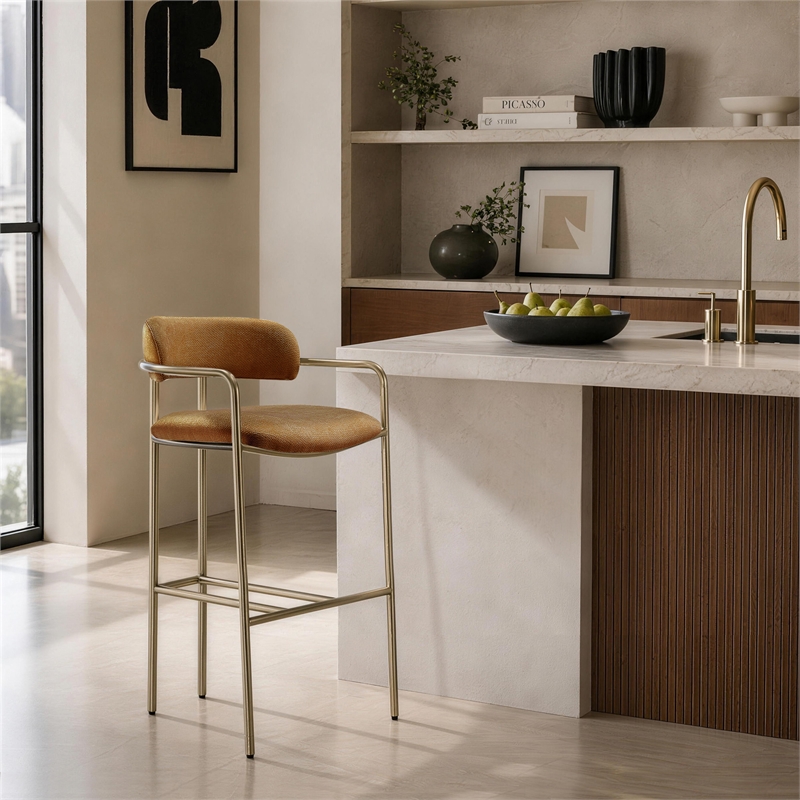 Serene Mid-Century Modern Metal Upholstered Barstool in Turmeric