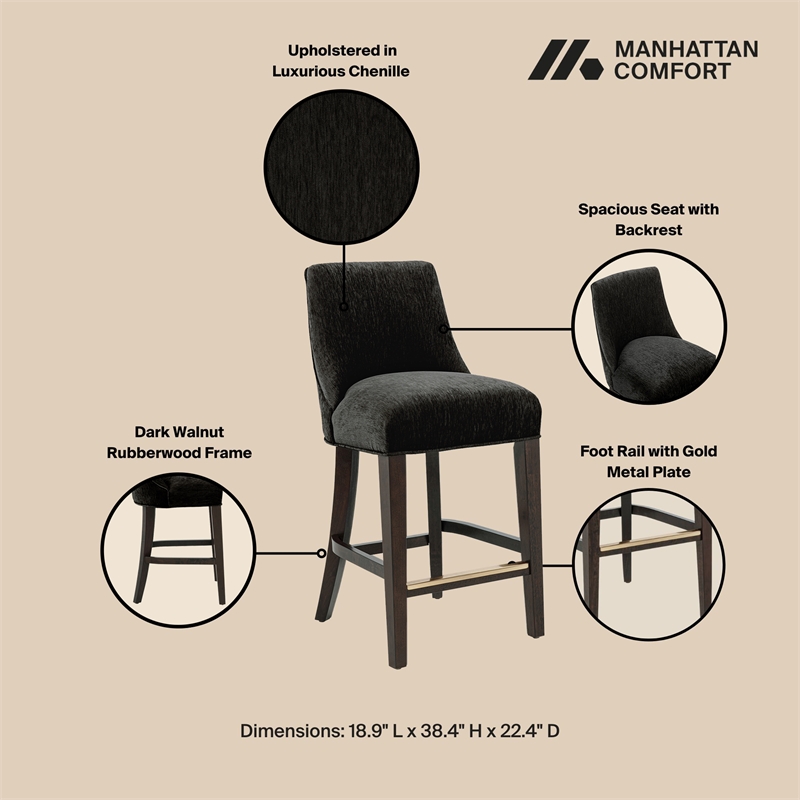Beever Modern Chenille Wood Counter Stool in Black